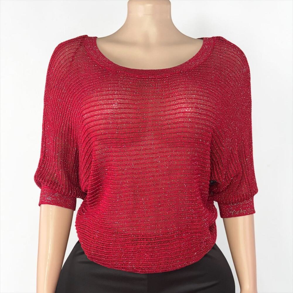 T/O Red Metallic Sheer Knit Sweater Top – Size L